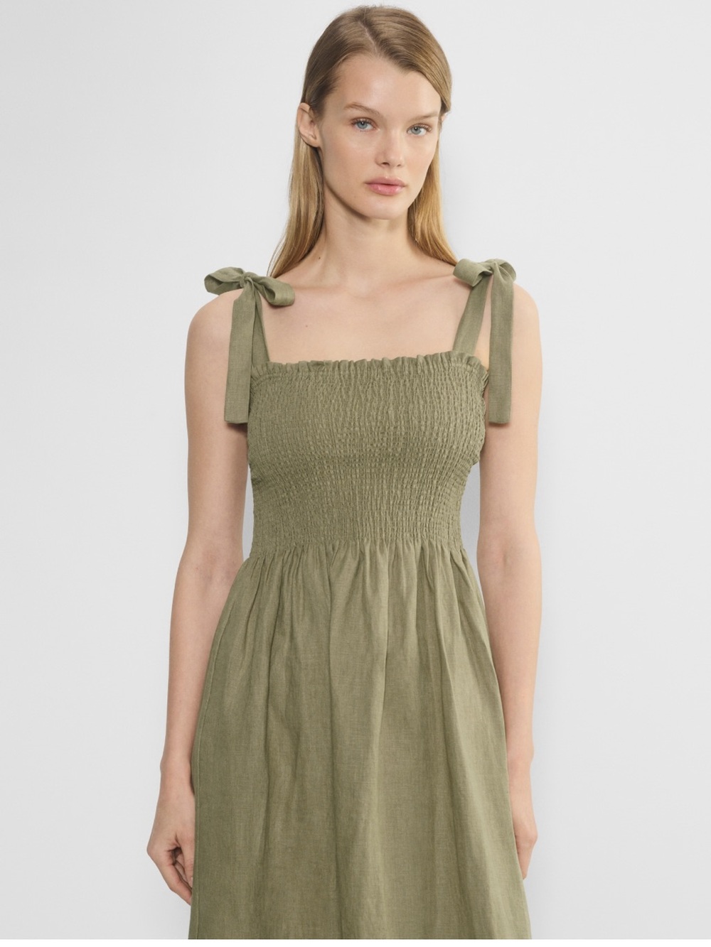 Aritzia Golden Hour Linen Midi Dress in Olive Green